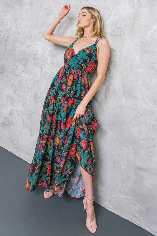 Flying Tomato Womens Printed Maxi dress black and bright paisley Print