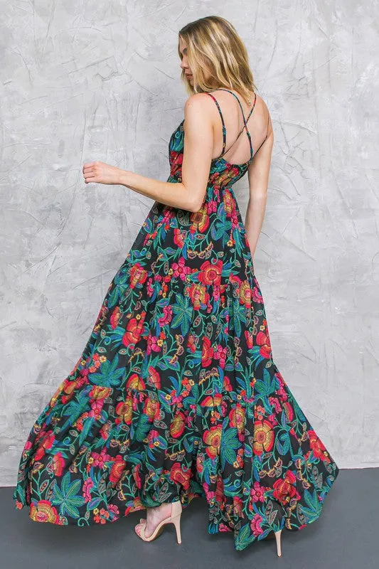 Flying Tomato Womens Printed Maxi dress black and bright paisley Print