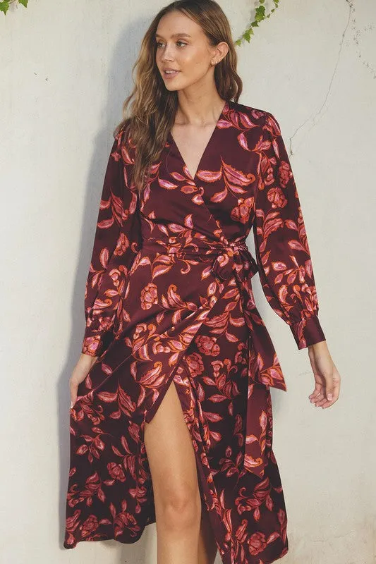 Jillian Long Sleeve Floral Print Wrap Maxi Dress Burgundy